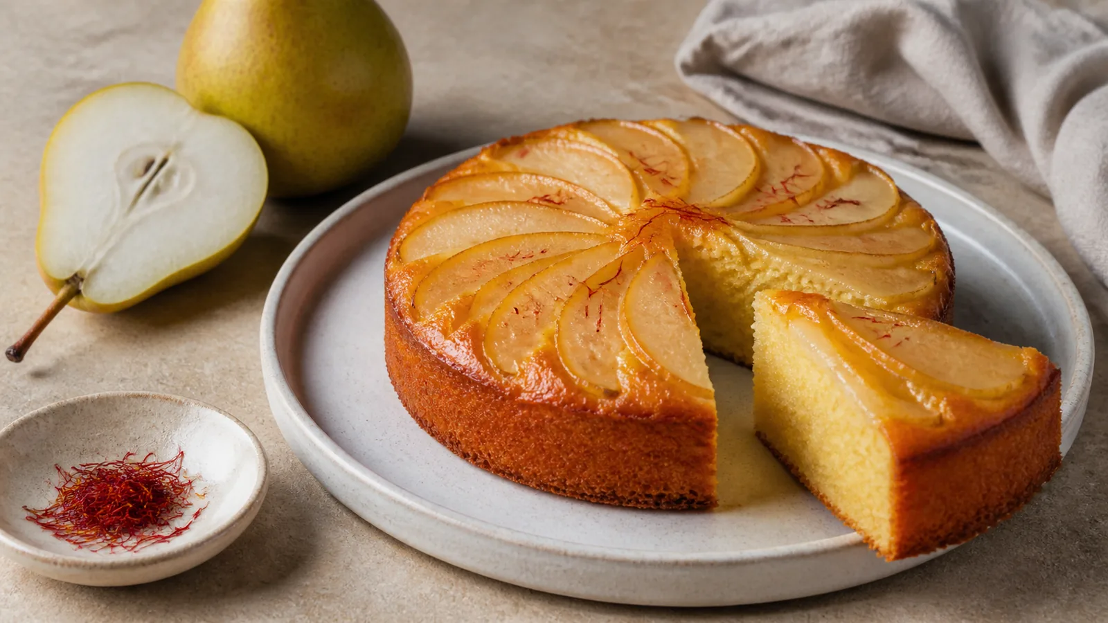 Small saffron pear cake with a fan of glazed pear slices