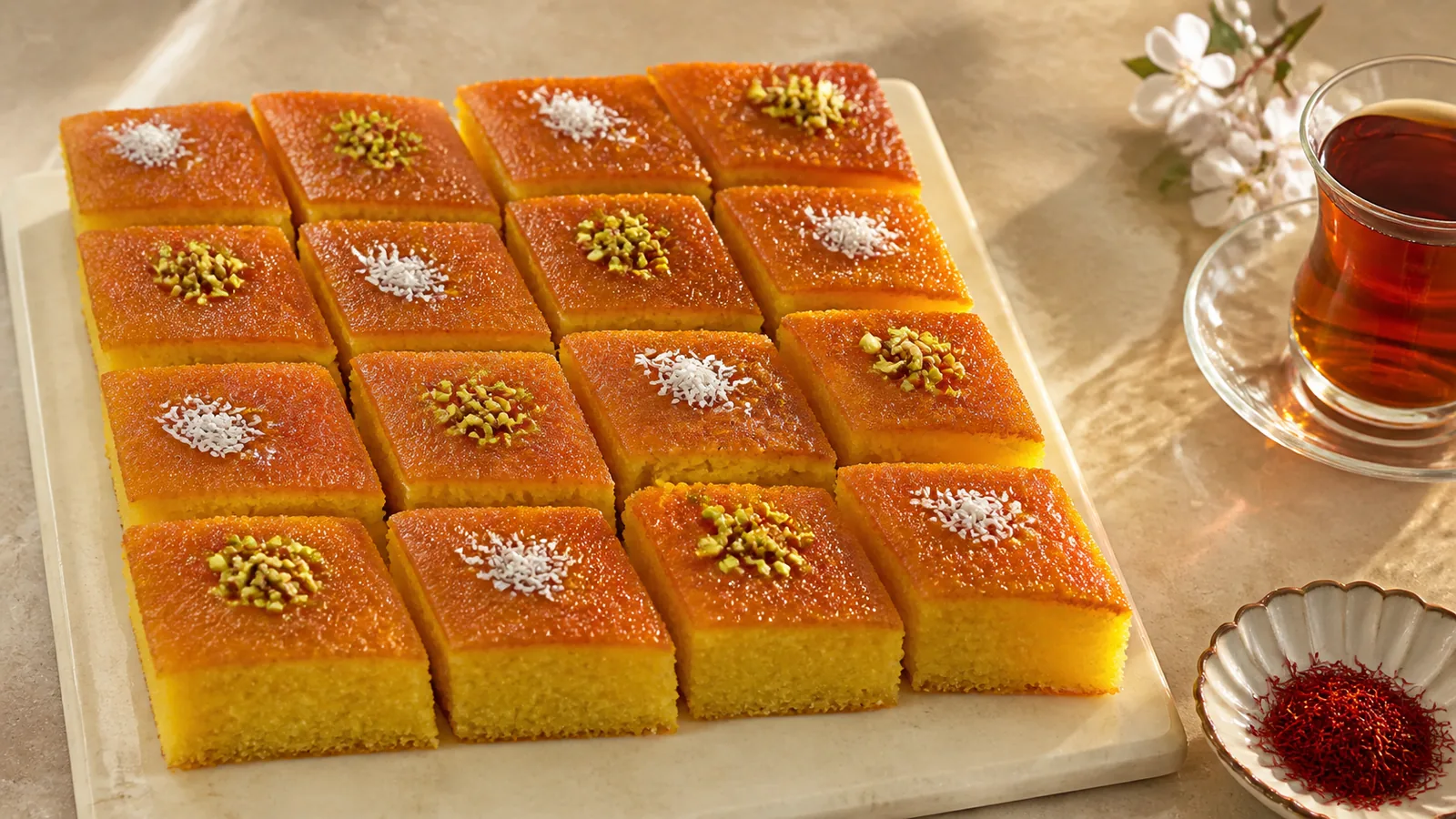 Golden Persian saffron syrup cake with pistachios and coconut