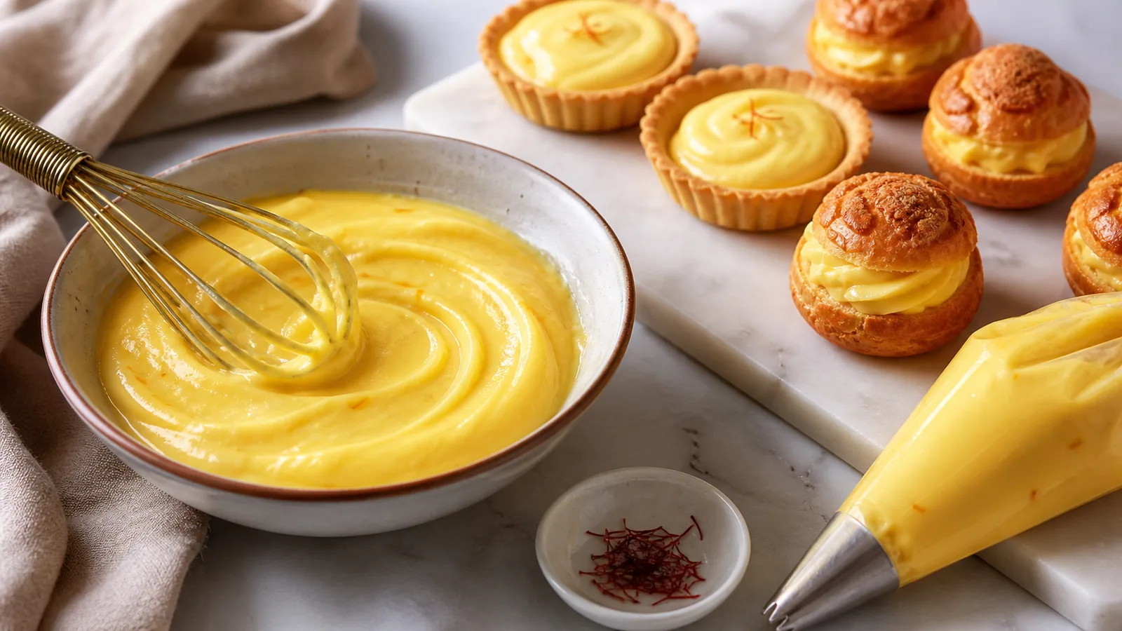 Smooth saffron pastry cream with filled tarts and cream puffs