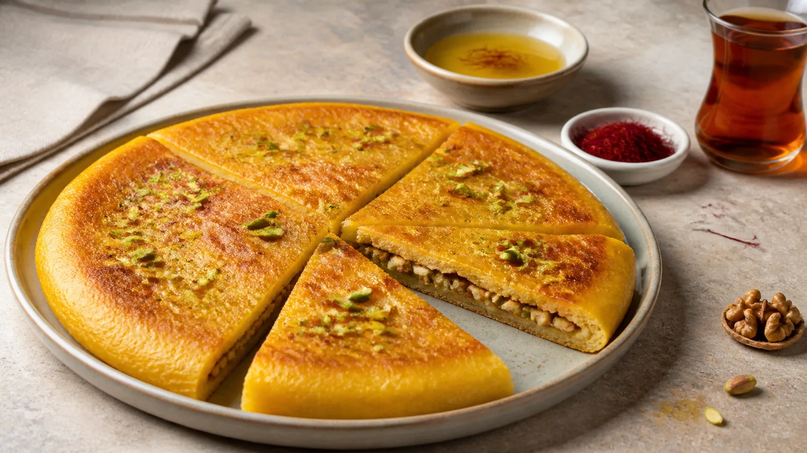 Khagineh Tabrizi cut into wedges with walnut and pistachio filling