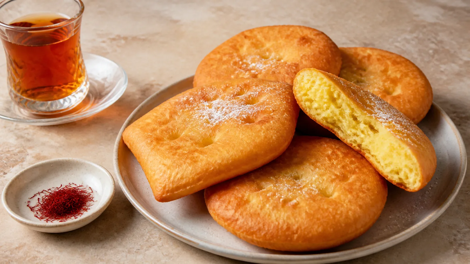 Traditional Iranian Agrdak saffron sweets served with tea
