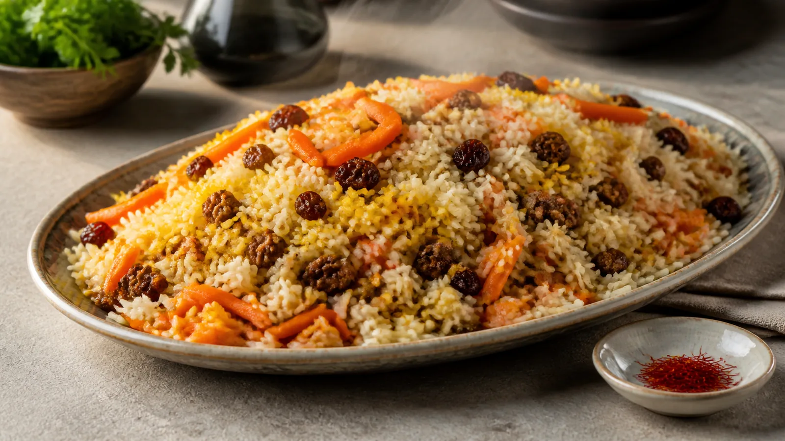Bukhara rice with saffron, minced meat, carrots and raisins