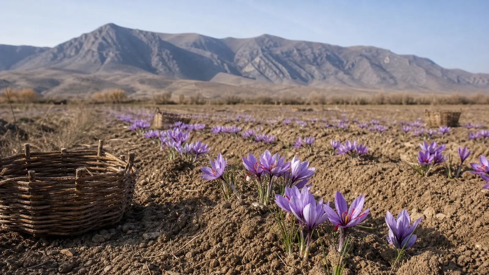 Saffron field in Marand with crocus flowers and harvest baskets