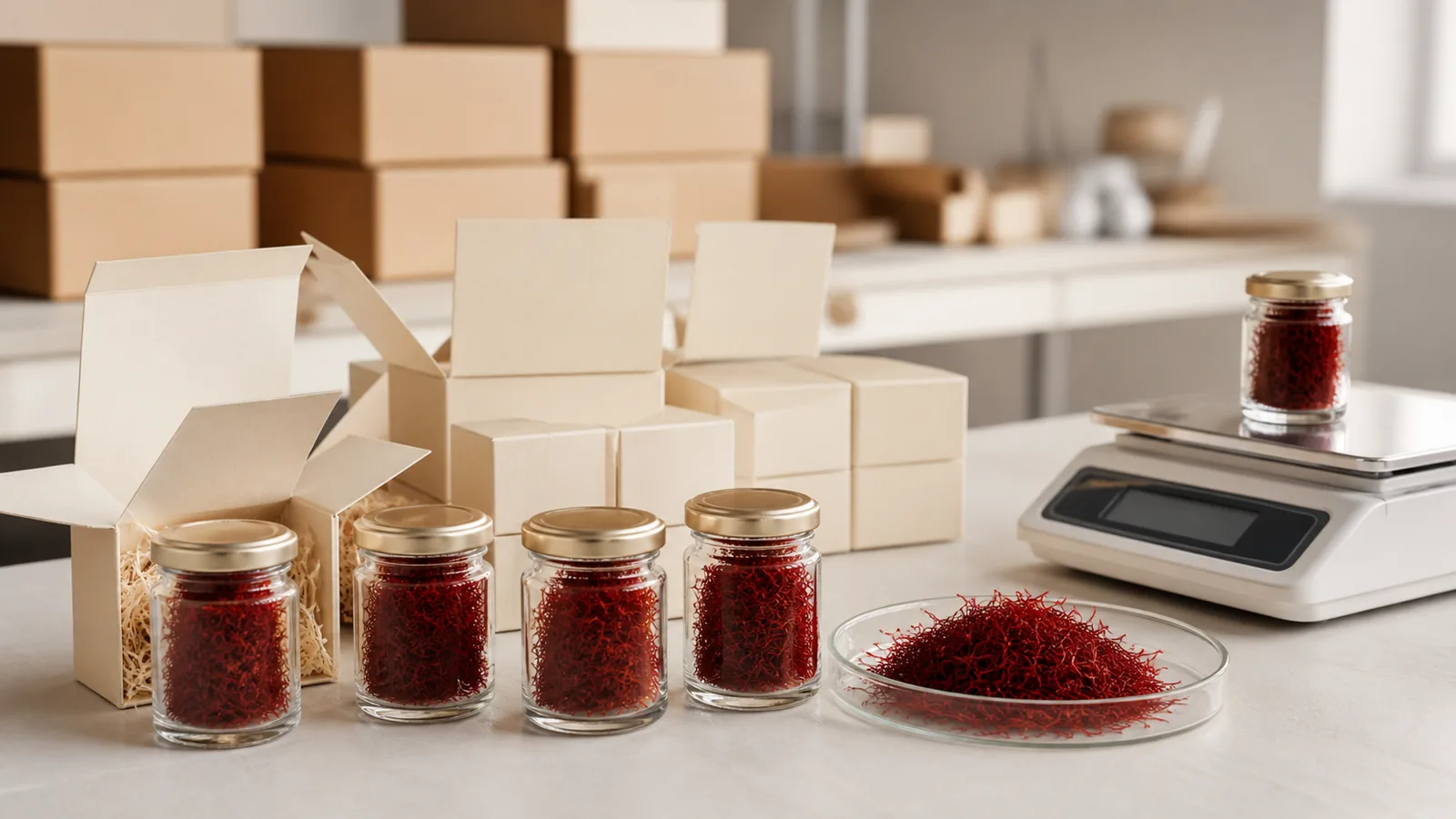 Iranian saffron threads in sealed jars at a modern packing station