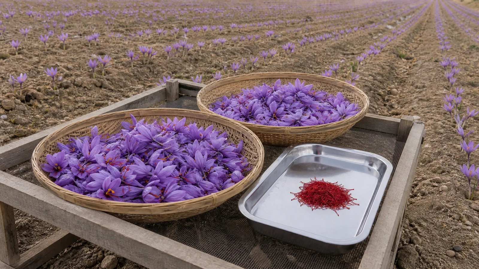 Saffron flowers and separated red stigmas at a Rashtkhar harvest