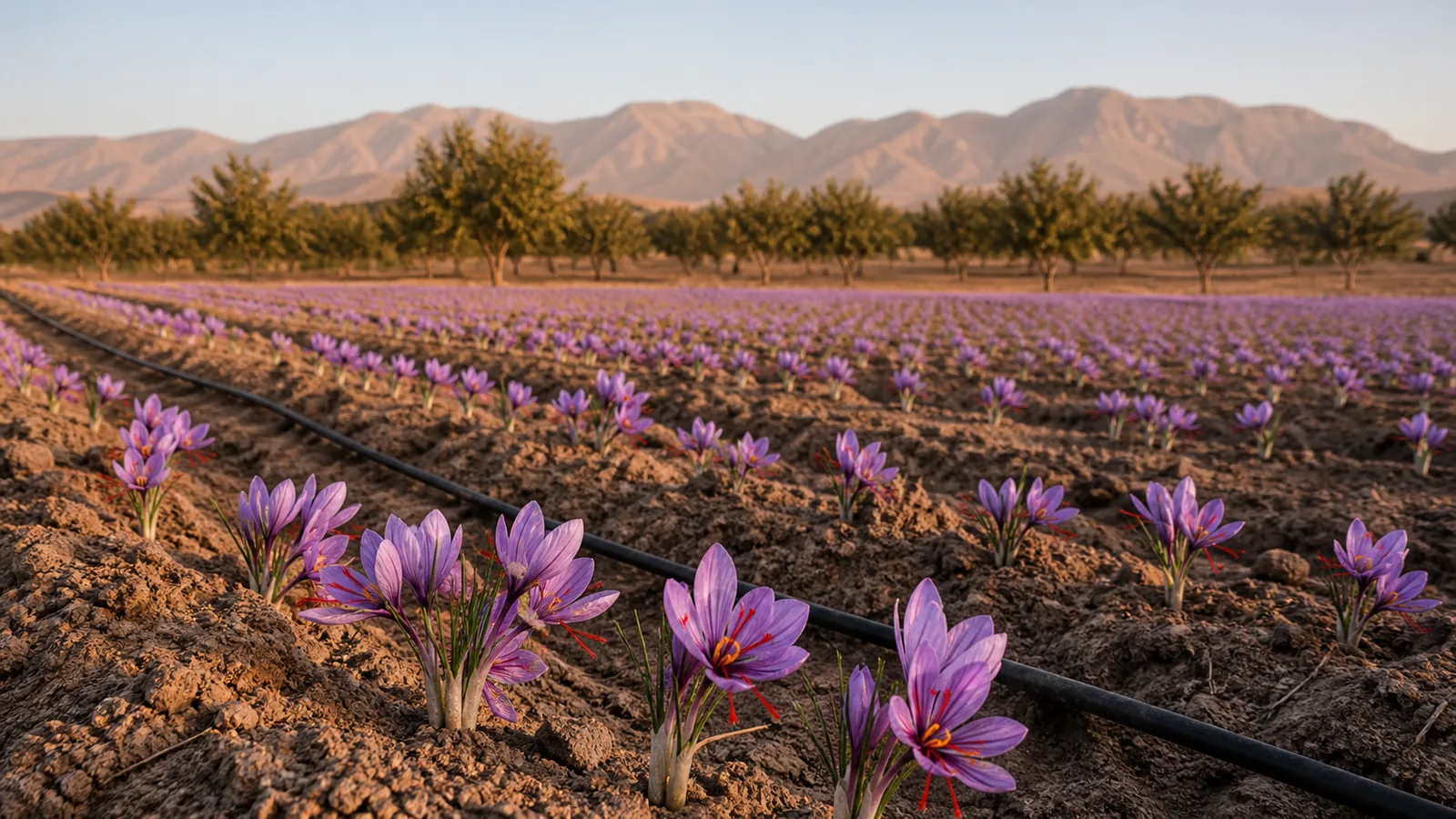 Rows of purple saffron crocuses beside a pistachio orchard in dry Kerman farmland