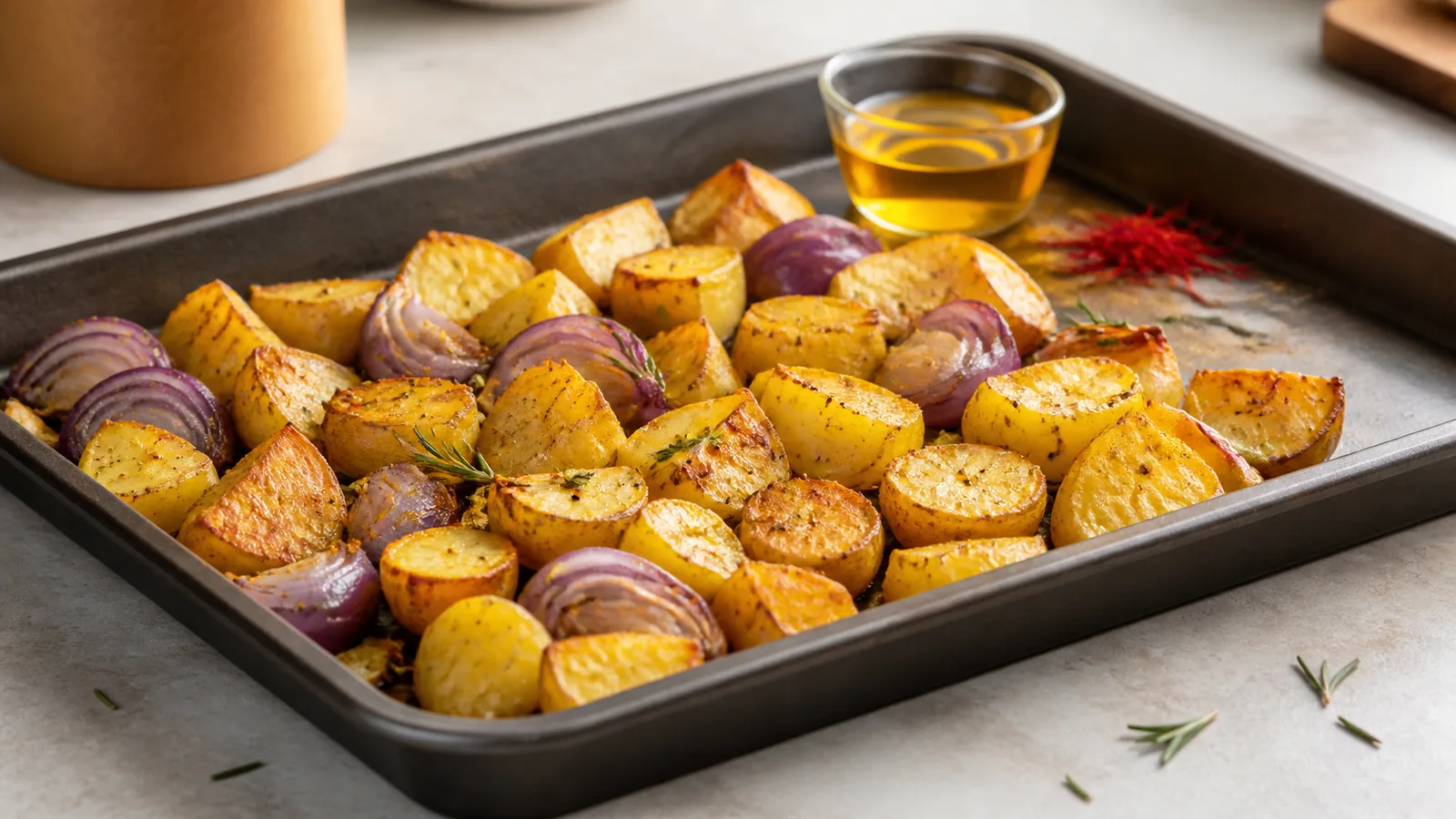 Saffron roasted potatoes with red onion, rosemary and mustard seeds on a metal tray