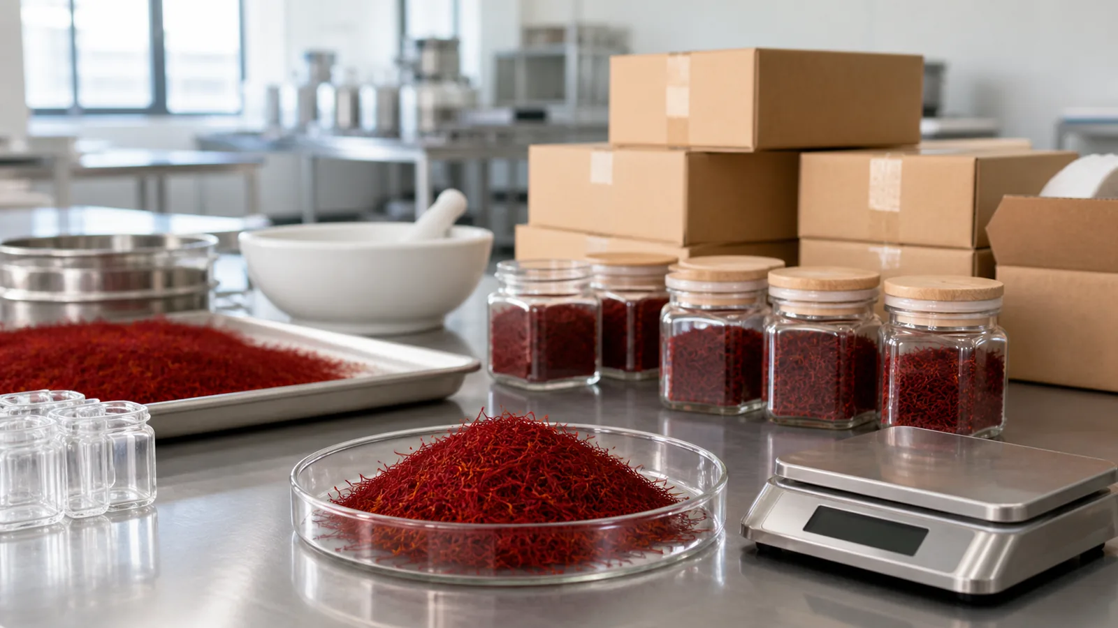 Saffron threads, glass jars and plain export cartons on a modern quality-control bench