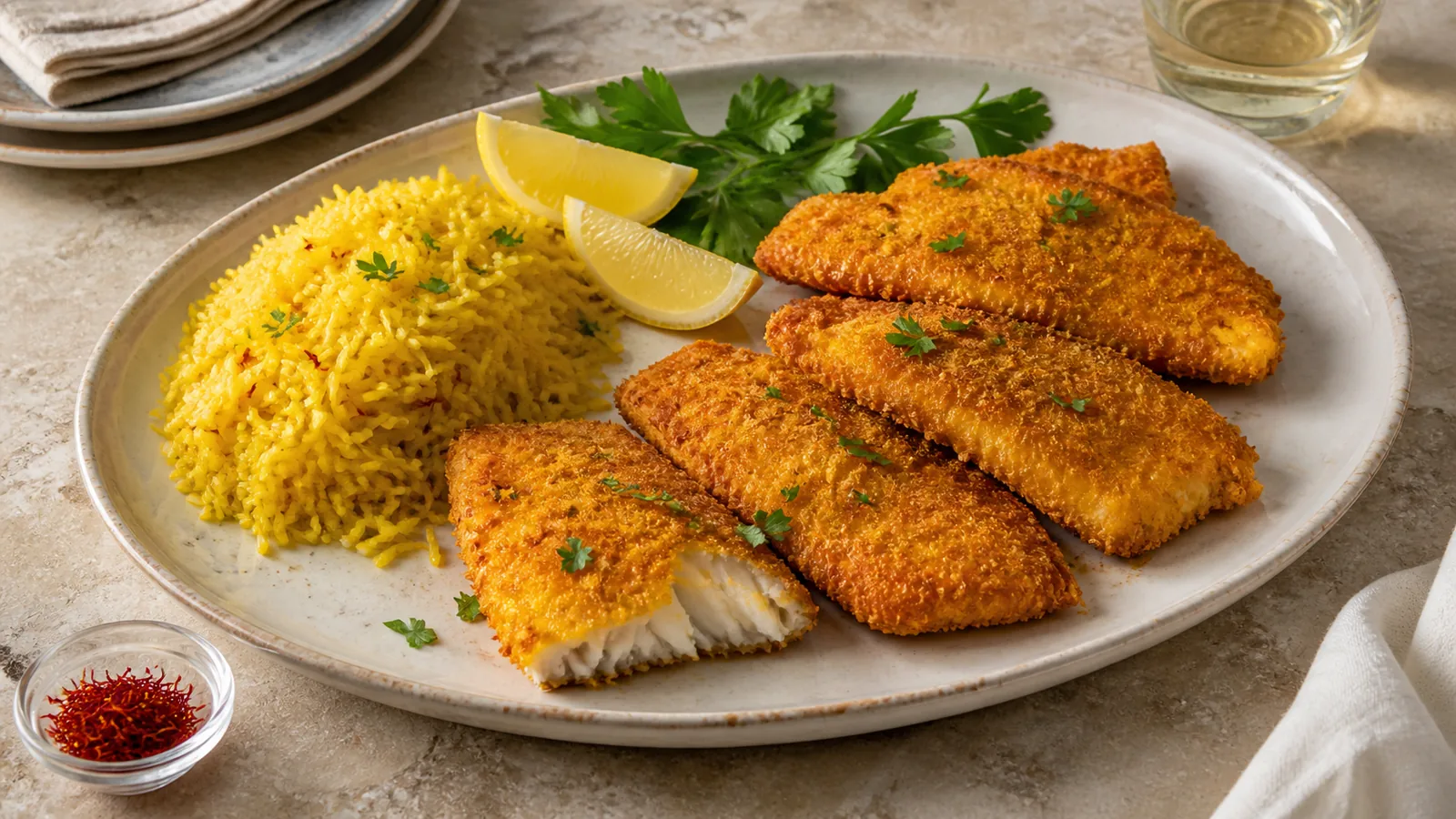 Golden Iranian saffron fried fish fillets with lemon and fresh herbs