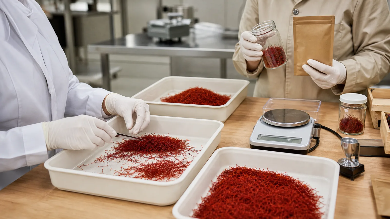 Iranian saffron threads being inspected and packed at a modern processing bench