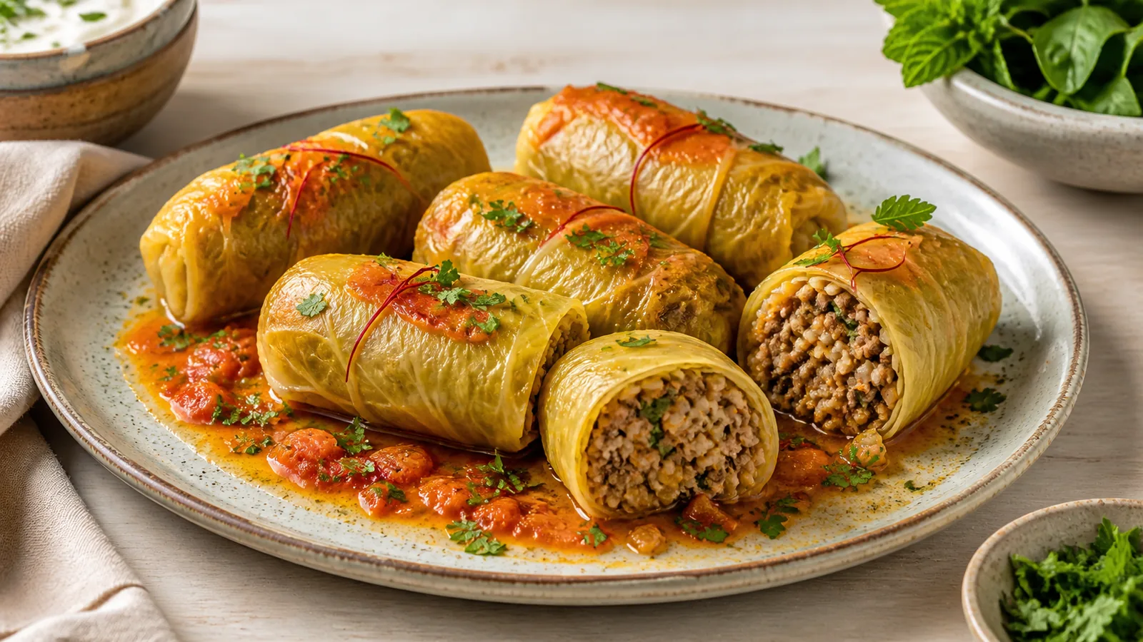 Iranian saffron cabbage dolma rolls served with herbs and saffron sauce