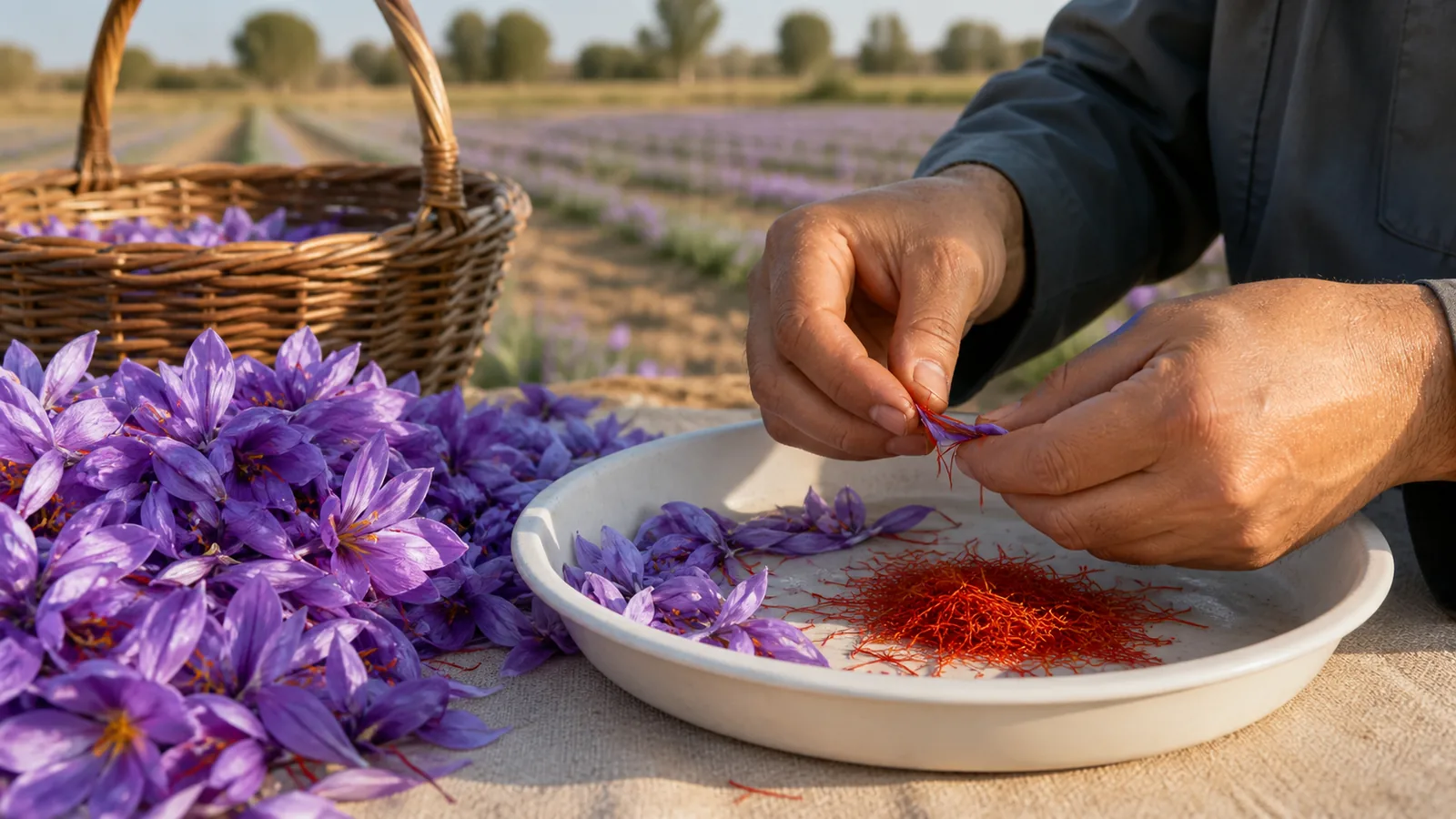 Fresh saffron threads being collected from crocus flowers during careful harvest work