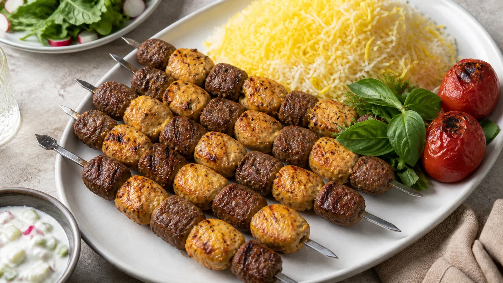 Alternating saffron beef and chicken rosary kebabs served with saffron rice