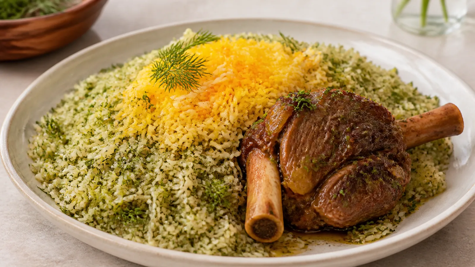 Iranian herb rice with tender lamb shank and golden saffron rice