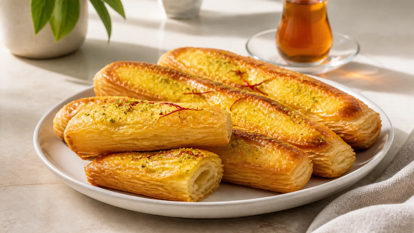 Layered Iranian Zaban pastries glazed with saffron and rosewater syrup