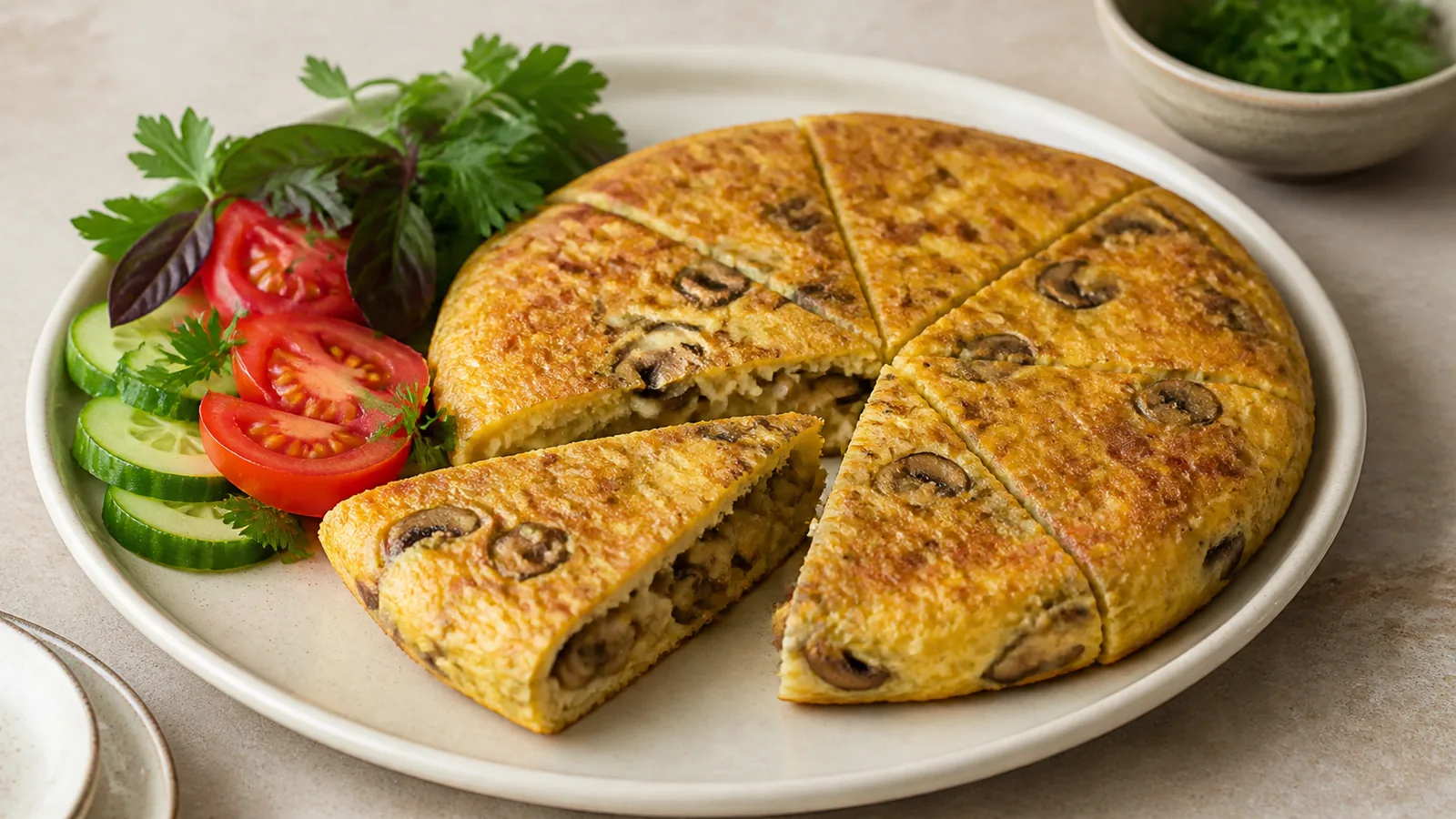 Persian saffron mushroom kuku cut into wedges with fresh vegetables