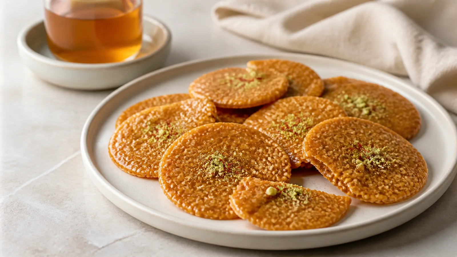 Thin Iranian saffron sesame sohan discs topped with pistachio