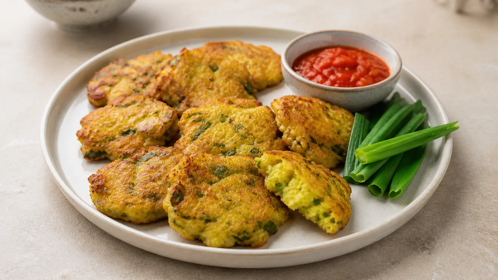 Persian saffron kuku pokura fritters with leeks and tomato sauce