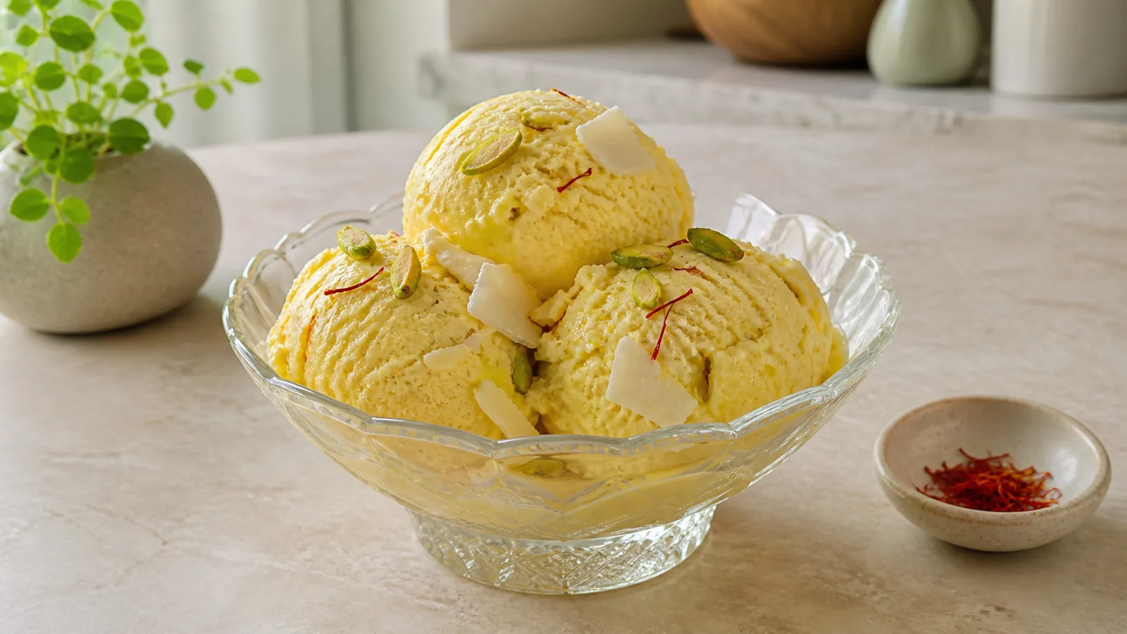 Traditional Iranian saffron ice cream with pistachios and frozen cream pieces