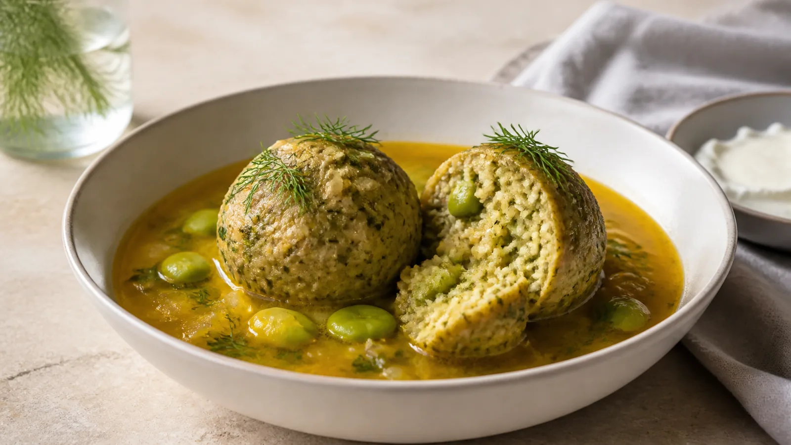 Dill broad bean meatballs simmered in Iranian saffron broth