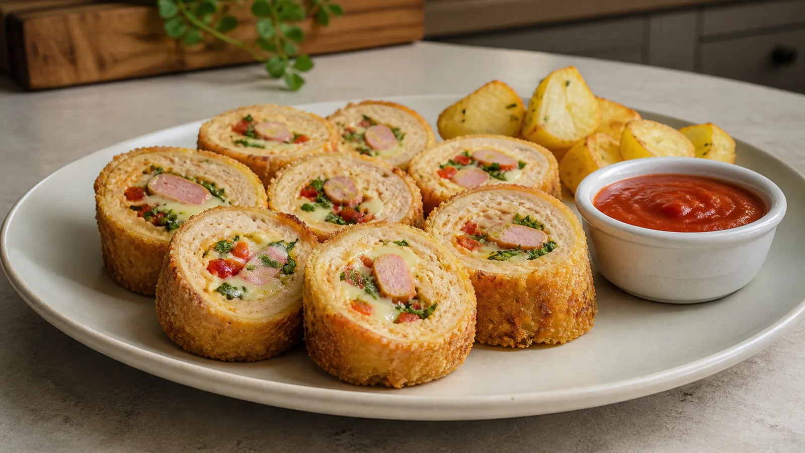 Sliced Iranian saffron chicken roulette with peppers and cheese