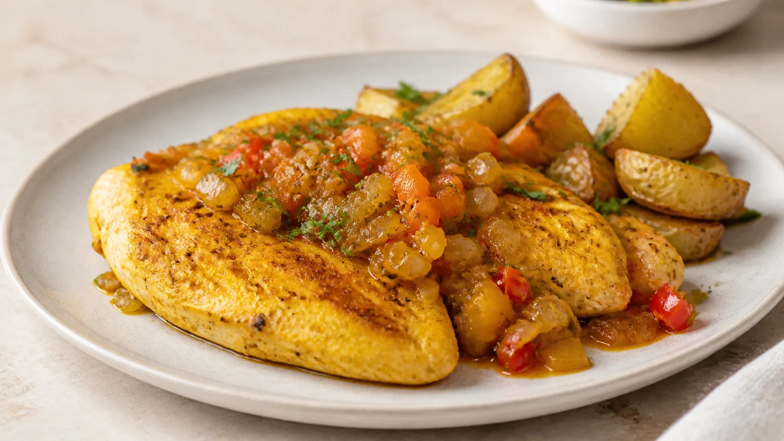 Iranian saffron chicken steak with bell pepper and carrot sauce