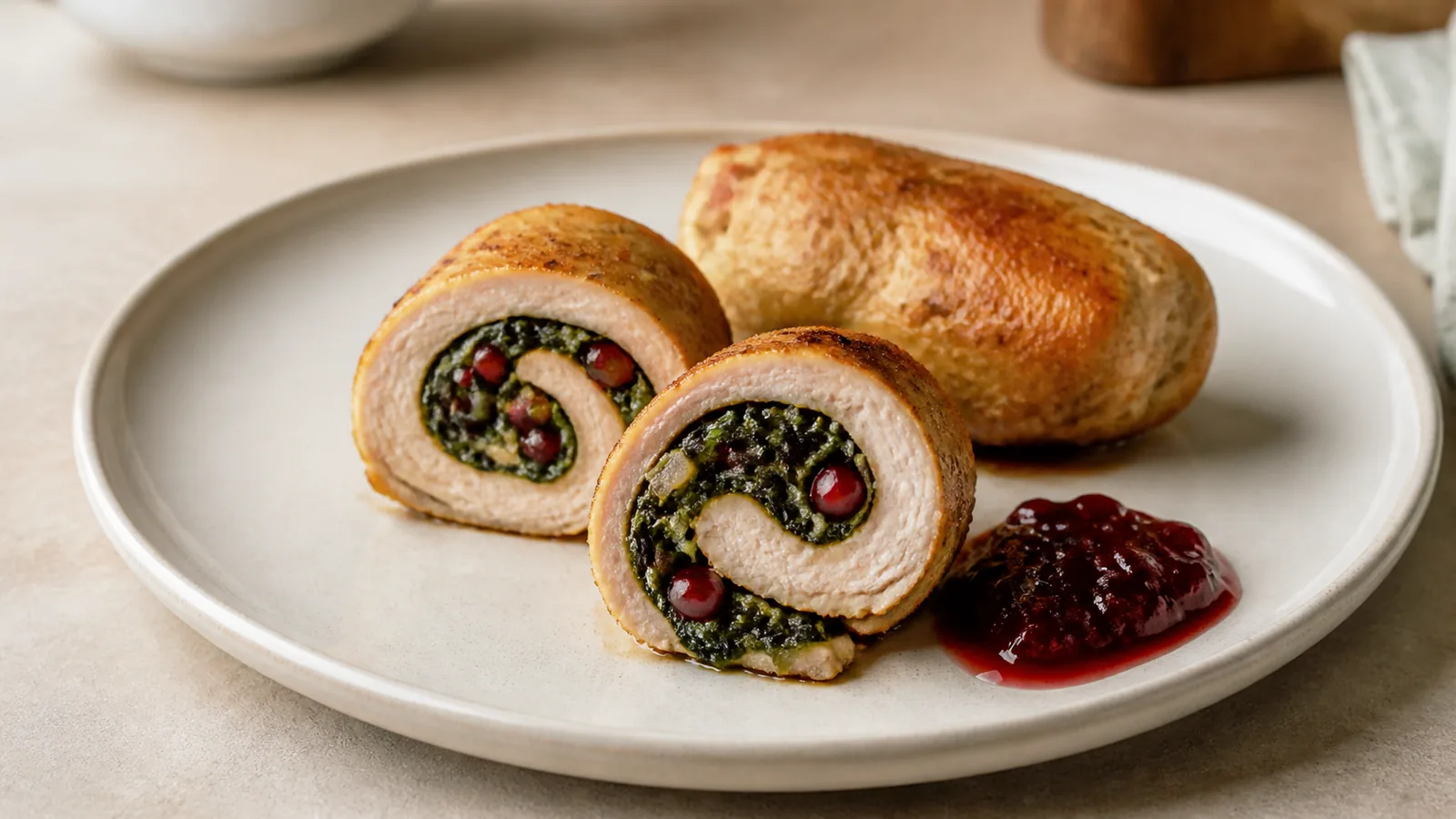 Sliced Ninarol saffron chicken rolls with spinach and pomegranate filling