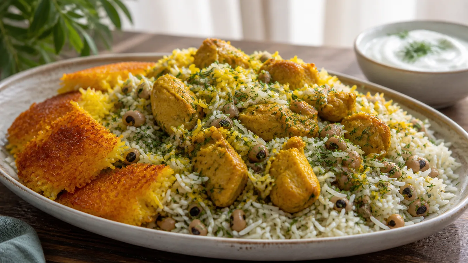 Shushtari rice with saffron chicken dill and black-eyed peas