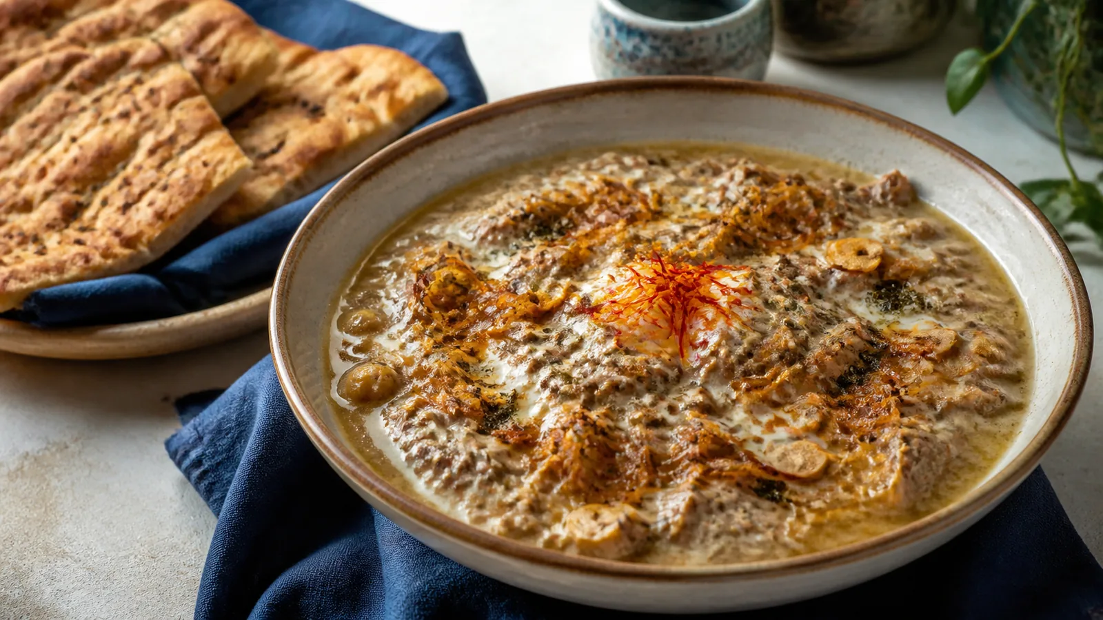 Bozghorme stew with goat chickpeas kashk fried garlic and Persian saffron