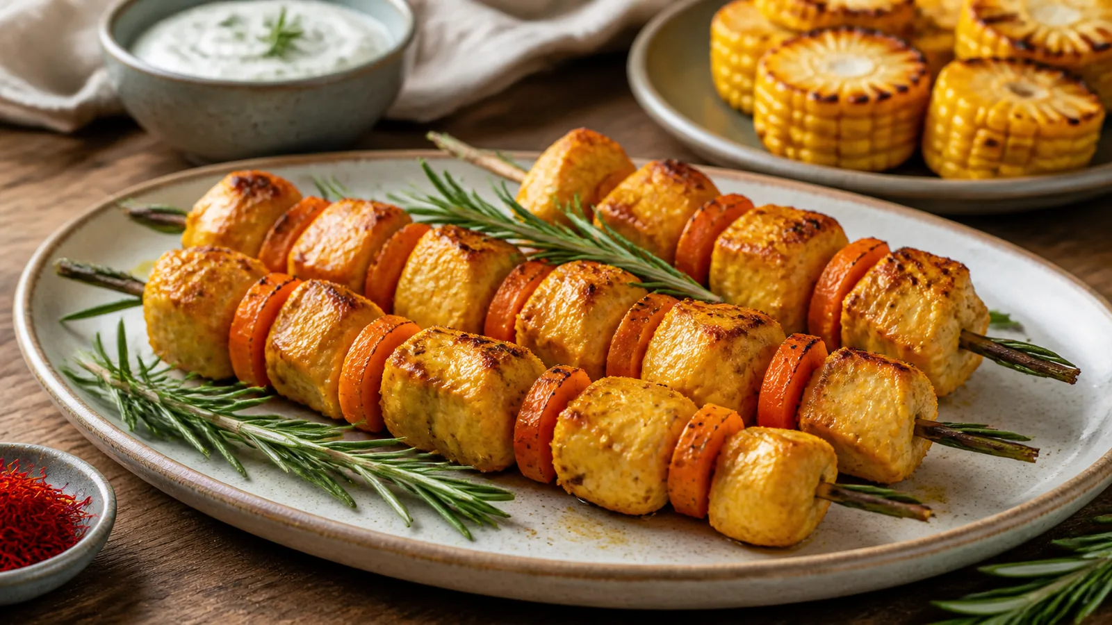 Rosemary chicken kebabs with Iranian saffron carrots and corn
