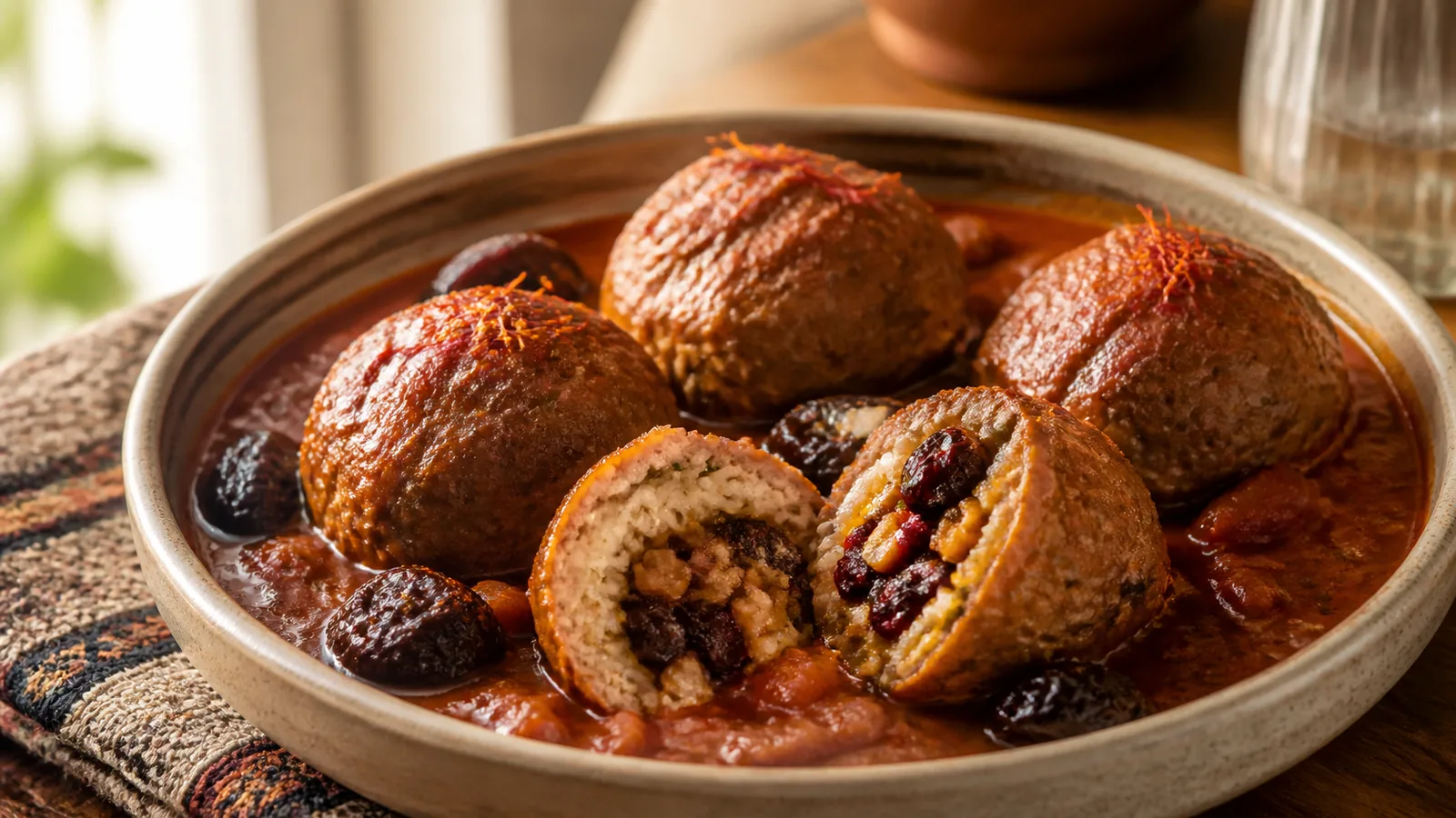 Iranian saffron plum meatballs with barberry walnut filling and tomato sauce