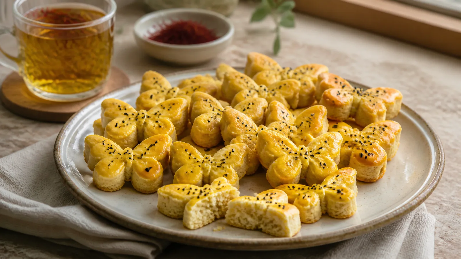 Butterfly-shaped Iranian saffron cookies with cardamom and purslane seeds