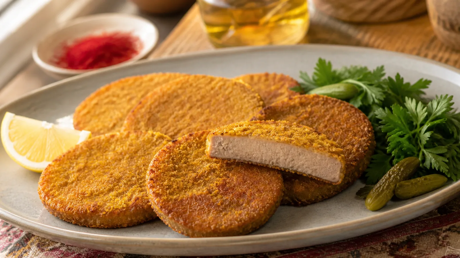 Breaded fried calf tongue slices with Iranian saffron egg coating