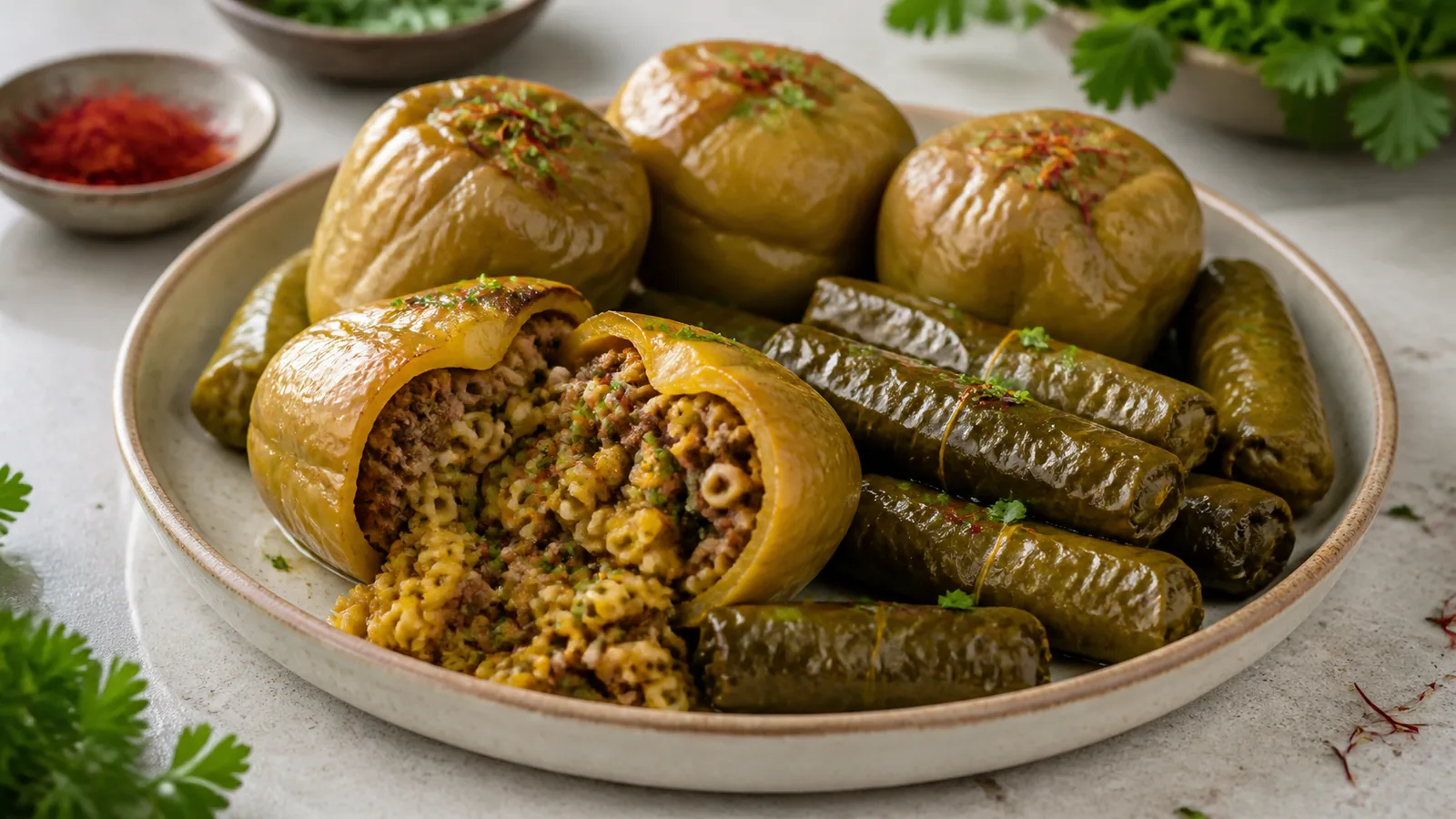 Iranian saffron pasta dolma stuffed peppers and grape leaves with herbs and split peas