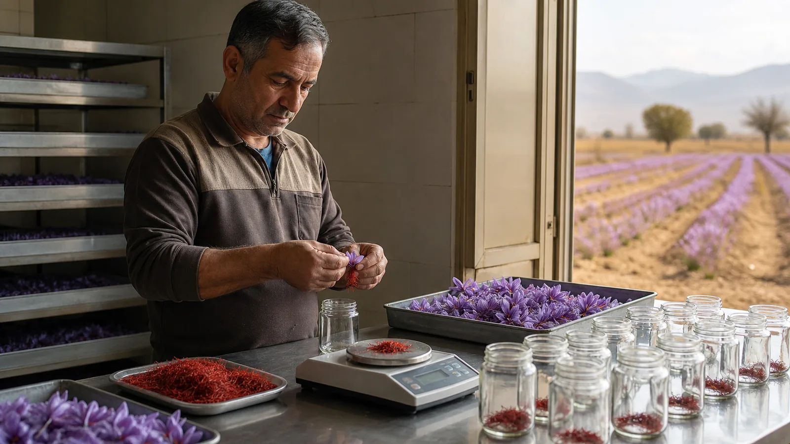 Iranian saffron farmer in a modern packing room with Kashmar saffron flowers and retail jars