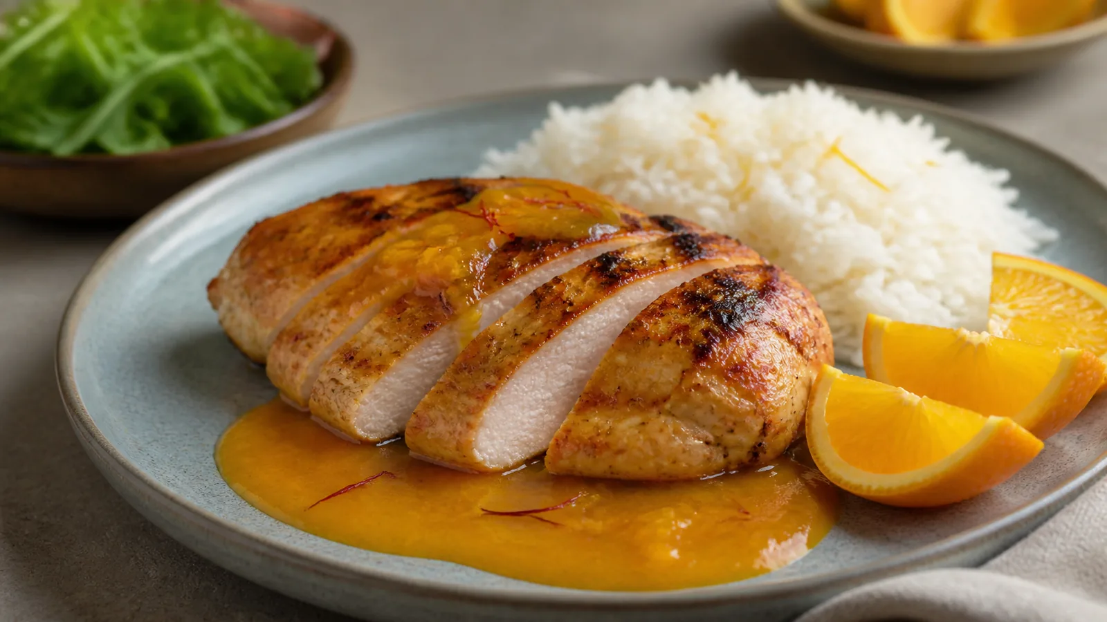 Saffron chicken steak with mango orange sauce and fresh orange slices