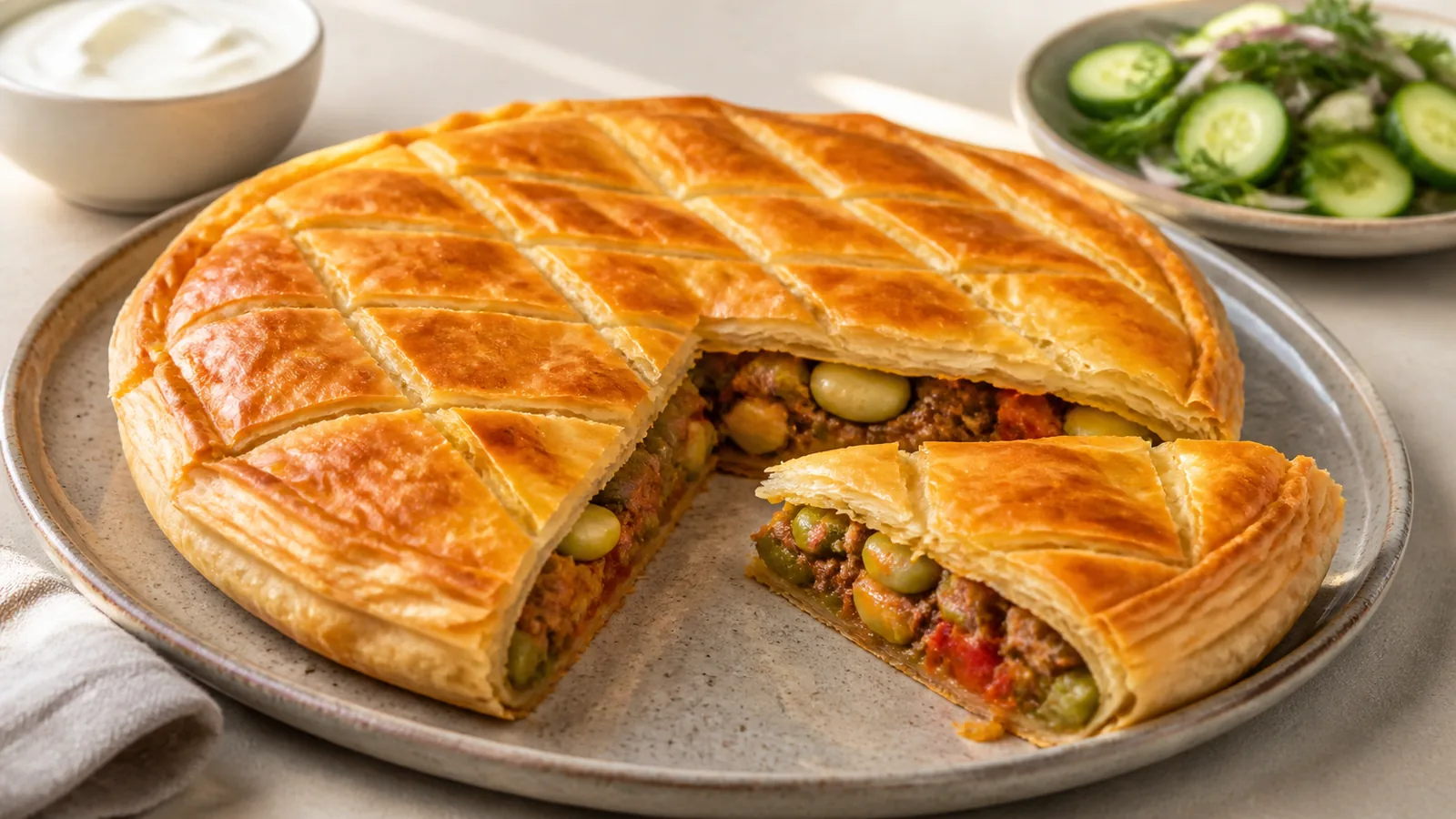 Sliced Iranian saffron meat cake with broad beans in crisp filo pastry
