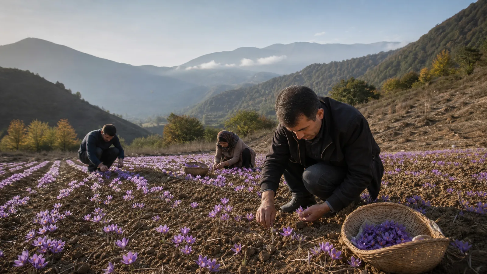 Golestan saffron growers harvesting flowers in an Azadshahr mountain field