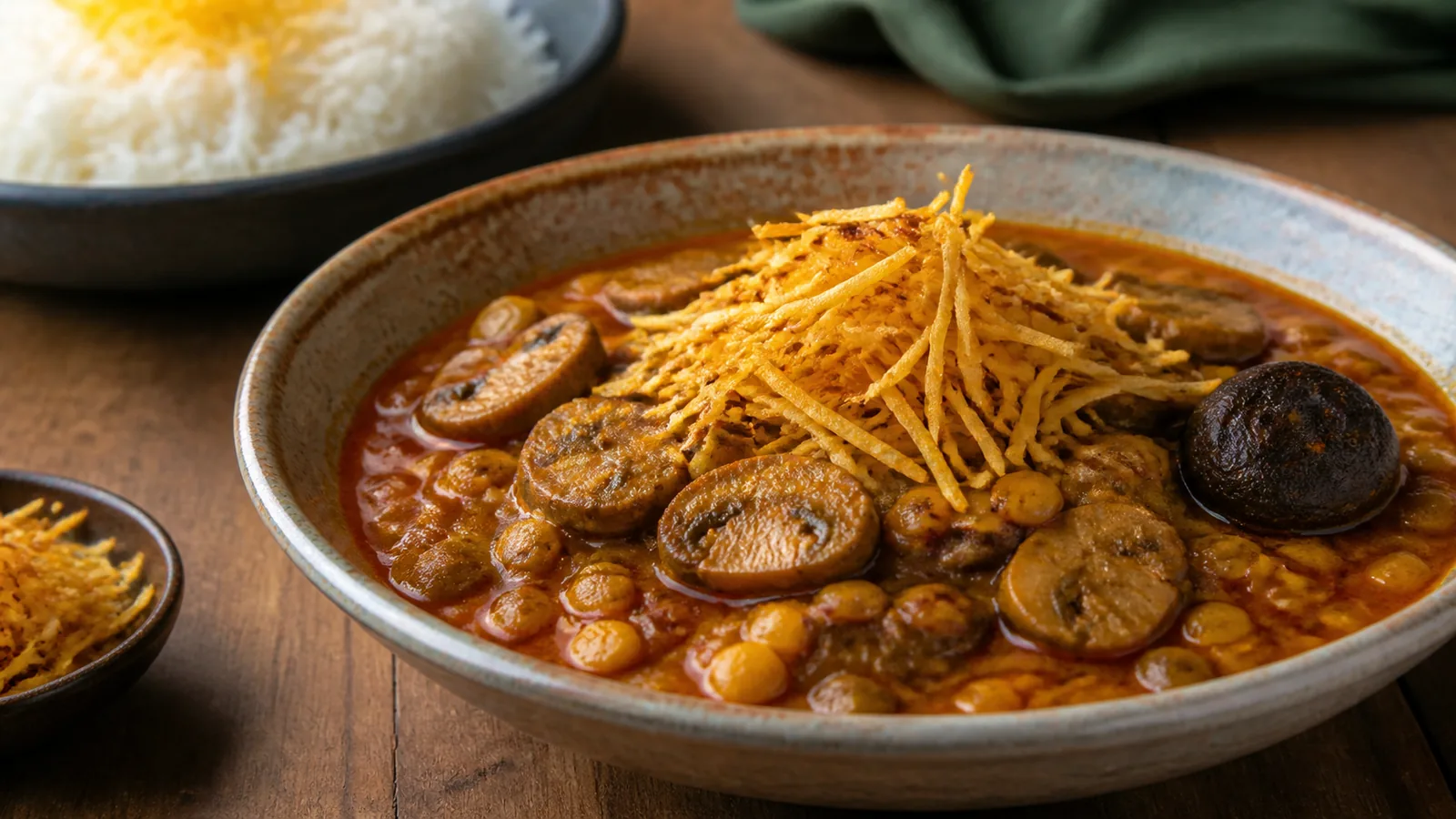 Persian mushroom stew with split peas saffron dried lime and fried potatoes