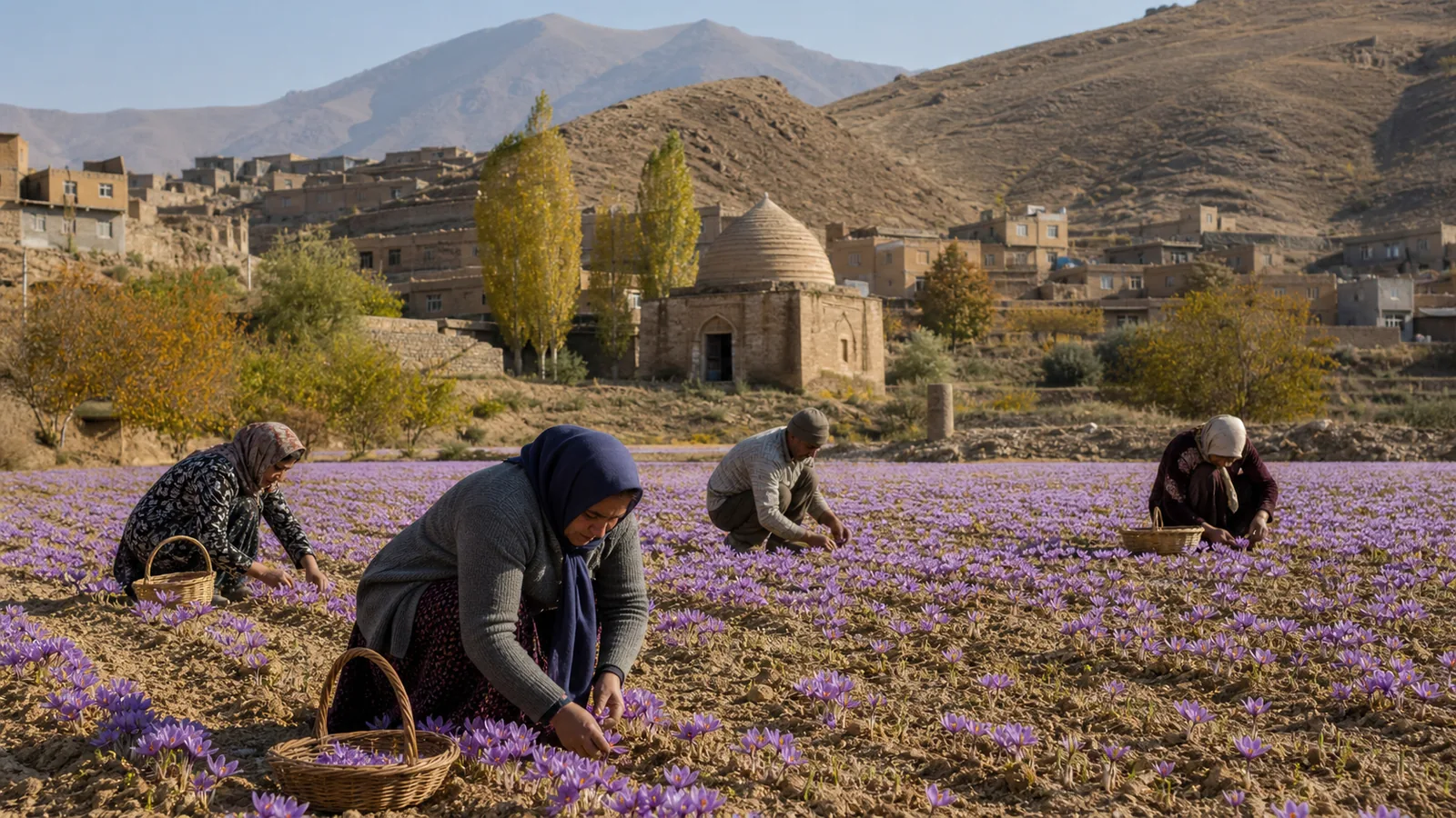 Families harvesting saffron beside Seno village in the mountains near Gonabad