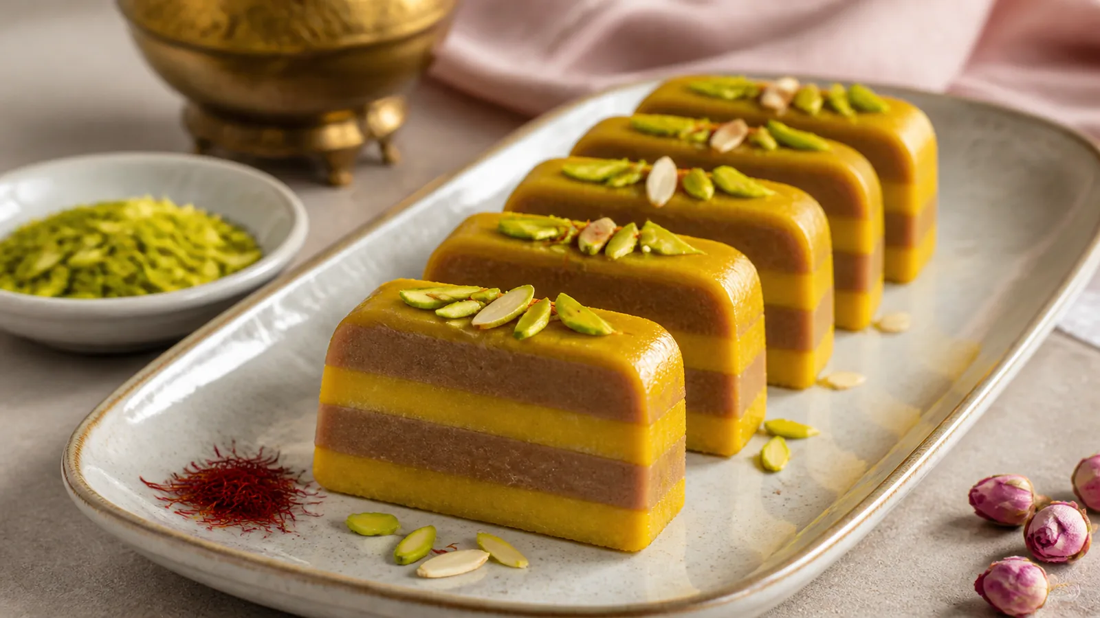 Layered Iranian saffron and coffee halva slices with pistachio garnish