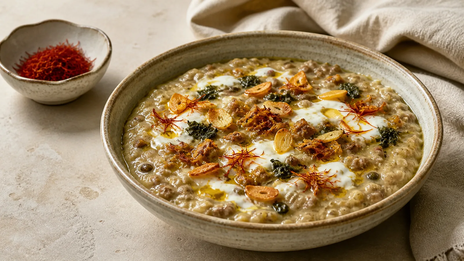Togi Sardaghi millet and kashk bowl with saffron fried garlic mint and onion