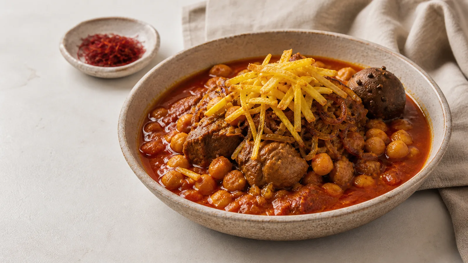 Iranian chickpea stuffing stew with mutton saffron dried lime and fried potatoes