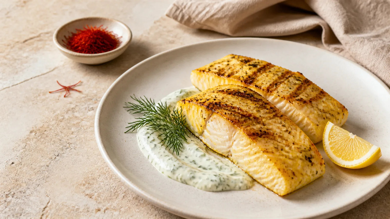 Grilled fish steak with Iranian saffron lemon and fresh dill sauce