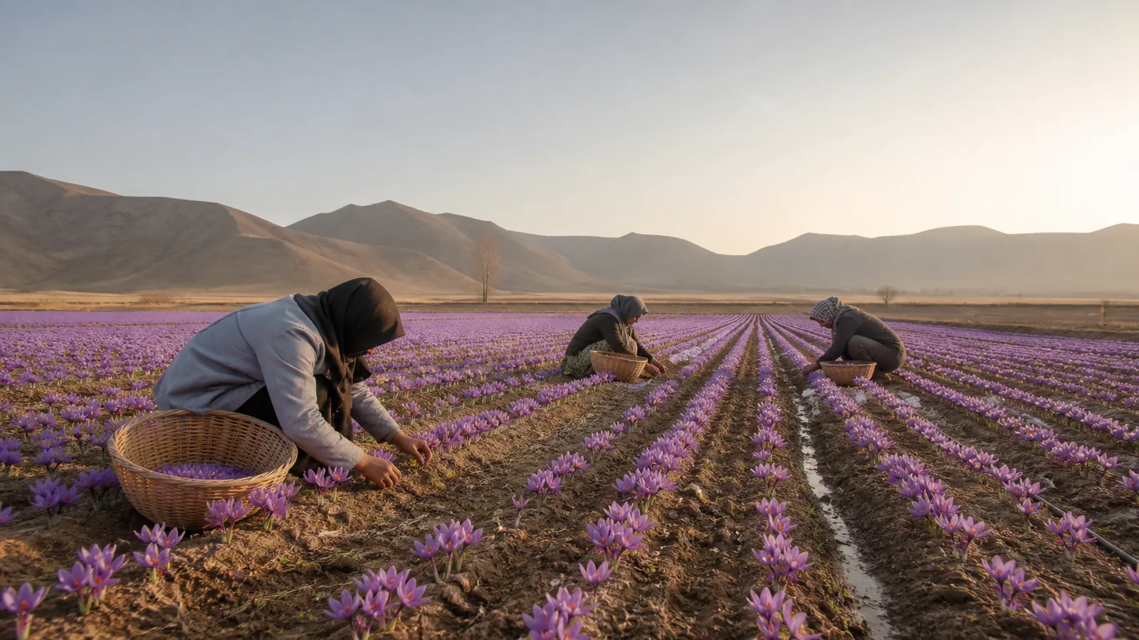 Workers harvesting purple saffron flowers in an Iranian field at sunrise