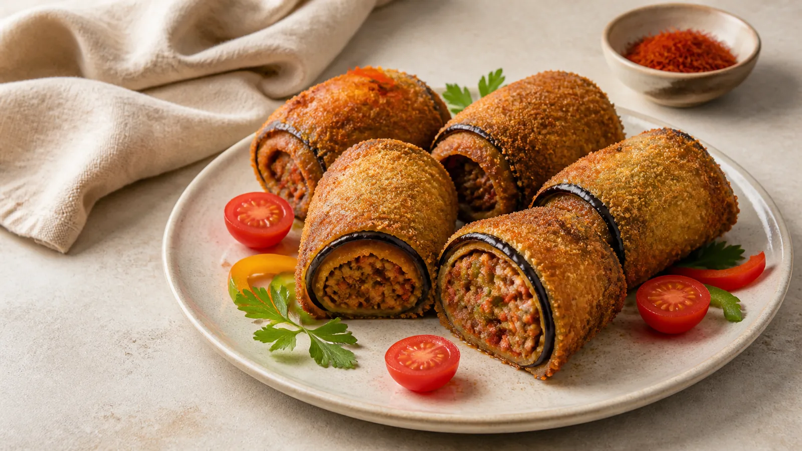 Fried eggplant rolls with saffron crust and minced meat pepper filling