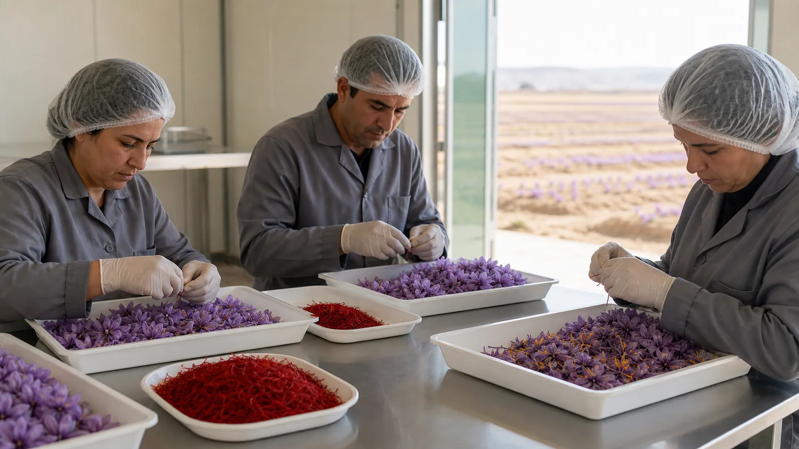 Workers separating saffron stigmas from purple flowers at a clean Khorasan processing table