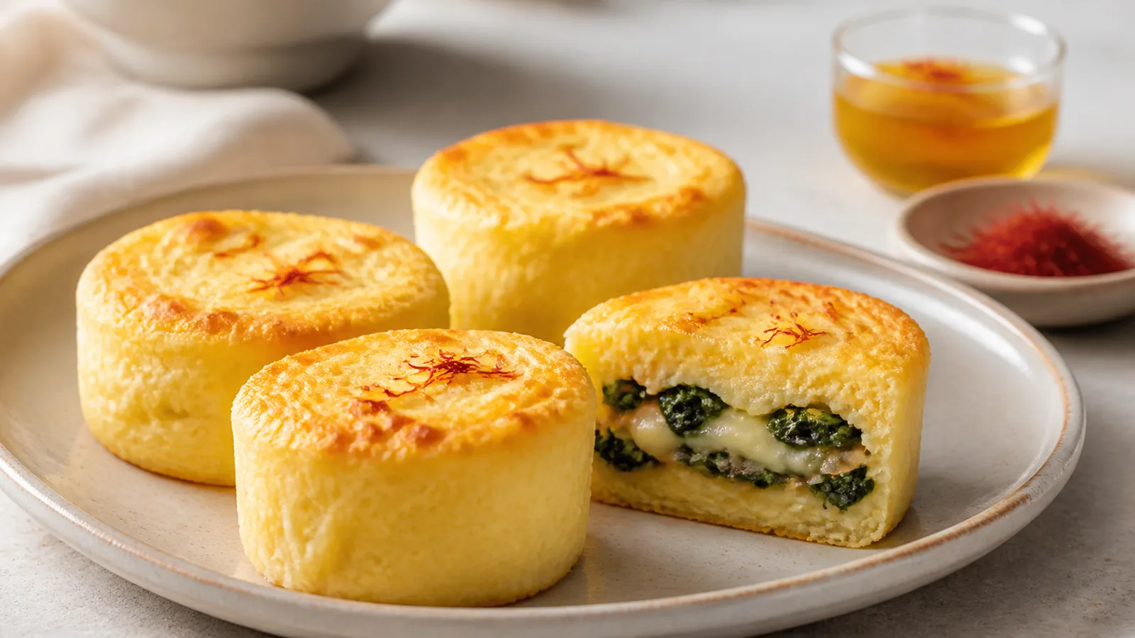 Layered saffron potato mold with spinach Gouda and golden onion filling