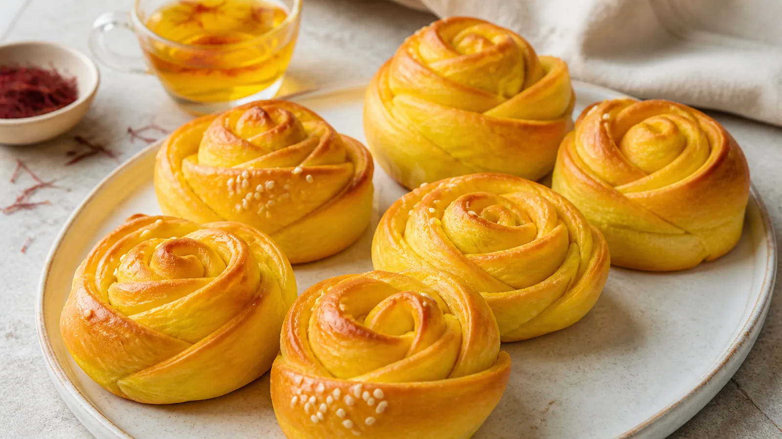 Golden rose-shaped bread rolls made with bloomed Iranian saffron