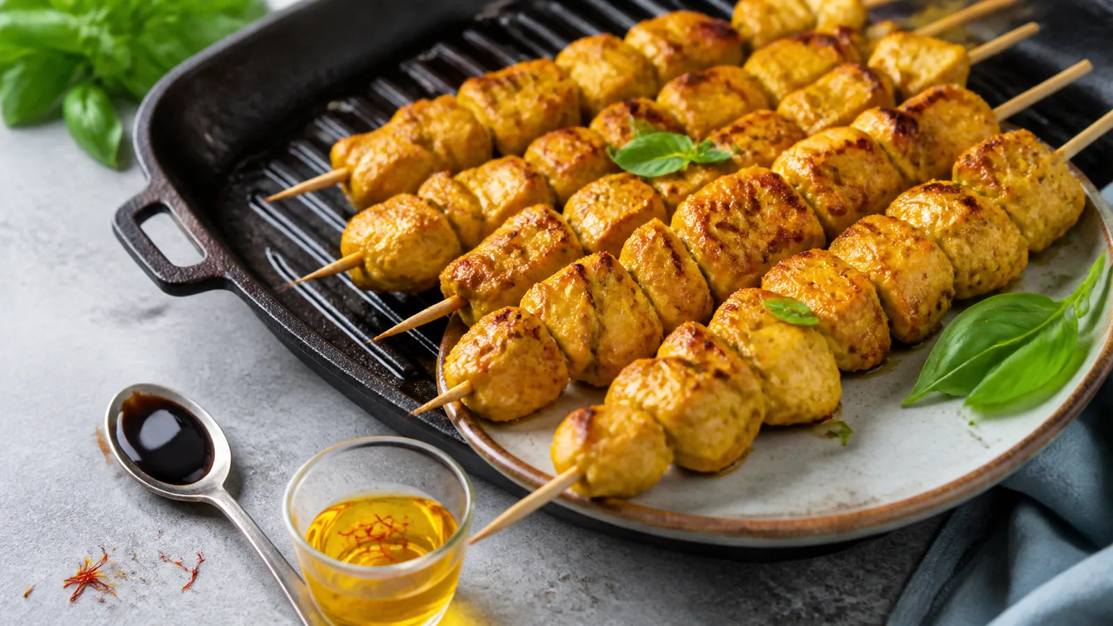 Saffron sour chicken skewers glazed with pomegranate and fresh basil